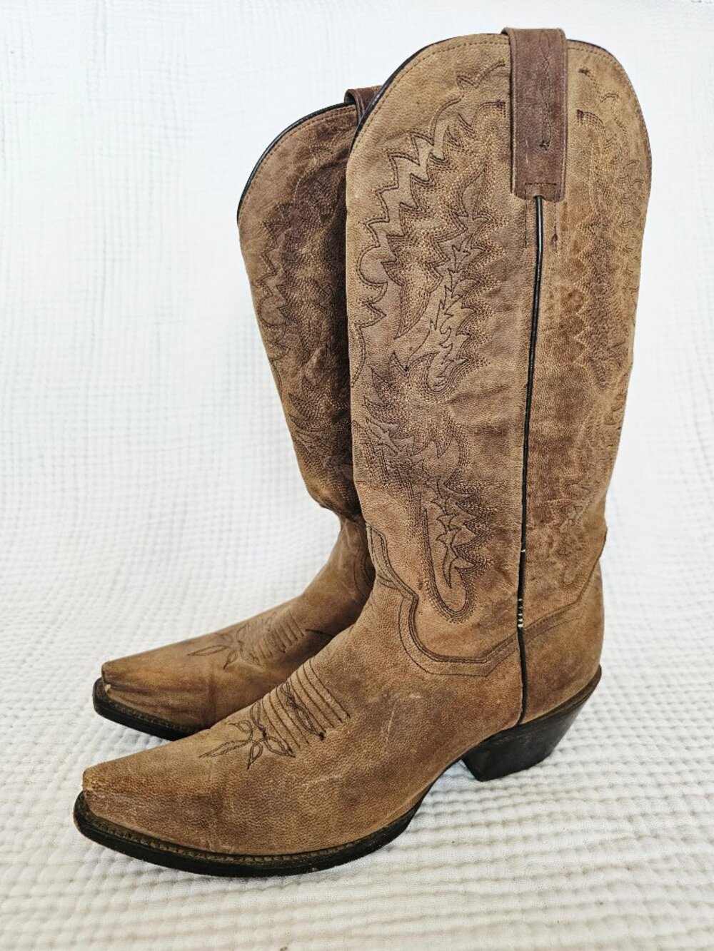 Dan Post Tall Cowgirl Boot | Distressed Tan | Embroidered | Women's Sz 8